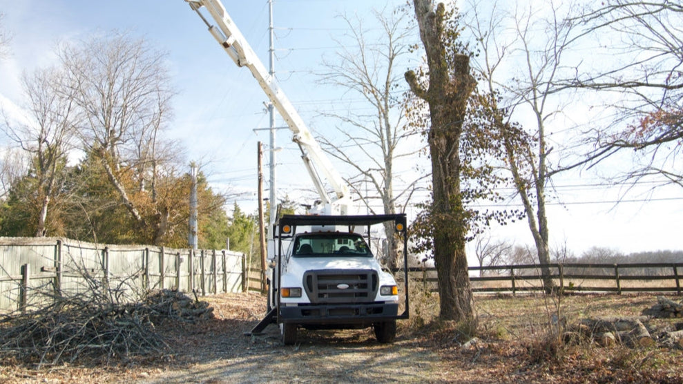 LPSI white bucket truck with boom raised beside brush pile during tree work in Middle Tennessee