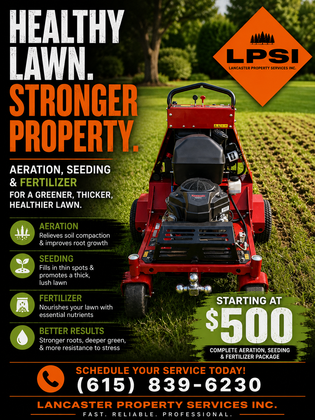 LPSI fall lawn package flyer: aeration, seeding and fertilizer starting at $500 — Lancaster Property Services Inc.